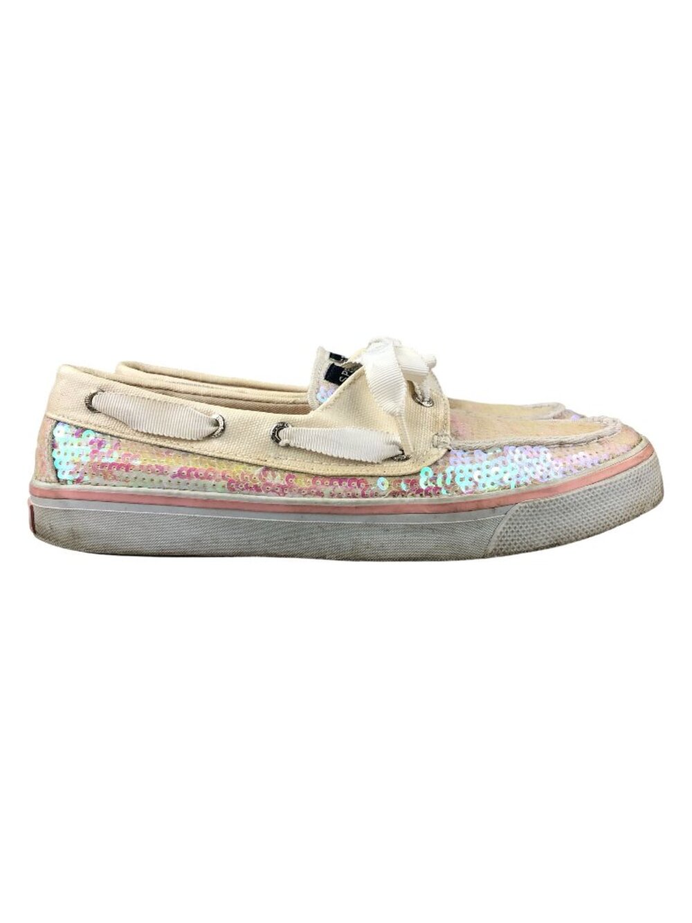 Sperry Women's Size 7M Top-Sider White Pink Sequin Closed Toe Slip On Boat Shoes